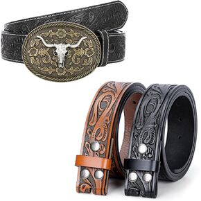 SANSTHS Mens Western Belts, 1 Cowboy Belt Buckle & 3 Western Belt Straps for 30"-32" Waist