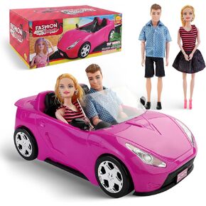 Doll-Sized Convertible Car for Dolls – 2-Seater Pink Vehicle with Rolling Wheels, Seat Belts w/ 2 Dolls Included (Compatible with Barbie)