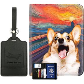 Passport Holder Women, Luggage Tags and Passport Covers Set, PU Leather Passport Wallet with RFID Blocking, Waterproof Travel Document Case for Men, Corgi Dog Oil Painting Card Holder