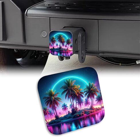 Oasis Island Palm Trees Trailer Hitch Cover Glowing Lights Tow Hitch Cove Universal 2" Heavy Duty Trailer Hitch Tube Rubber Covers,Square Hitch Cover Plug Cap for Trucks SUV in Saudi Arabia