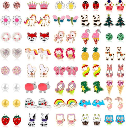 32/40 زوجًا من الأقراط المرصعة المضادة للحساسية للفتيات والأطفال مجموعة من الأقراط المصنوعة من الفولاذ المقاوم للصدأ بألوان زاهية وأنماط متعددة هدايا مجوهرات لطيفة للفتيات والأطفال in Kuwait