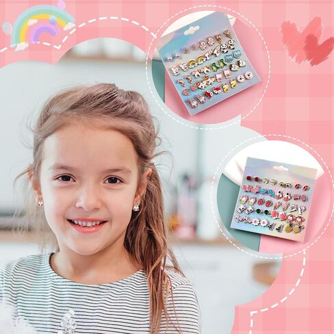 32/40 زوجًا من الأقراط المرصعة المضادة للحساسية للفتيات والأطفال مجموعة من الأقراط المصنوعة من الفولاذ المقاوم للصدأ بألوان زاهية وأنماط متعددة هدايا مجوهرات لطيفة للفتيات والأطفال in Kuwait