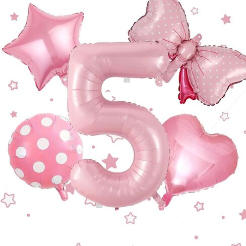 40 inch Number 5 Balloon with Bow Pink Happy Birthday Jumbo Number Balloon for Girls Daughter Birthday Decorations Party Supplies (5) in Saudi Arabia