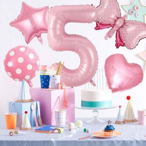 40 inch Number 5 Balloon with Bow Pink Happy Birthday Jumbo Number Balloon for Girls Daughter Birthday Decorations Party Supplies (5) in Saudi Arabia
