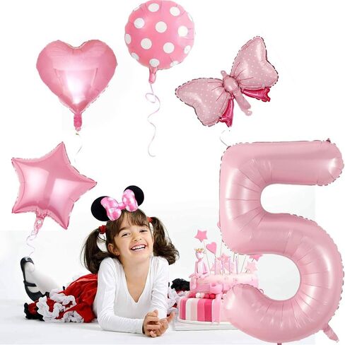 40 inch Number 5 Balloon with Bow Pink Happy Birthday Jumbo Number Balloon for Girls Daughter Birthday Decorations Party Supplies (5) in Saudi Arabia