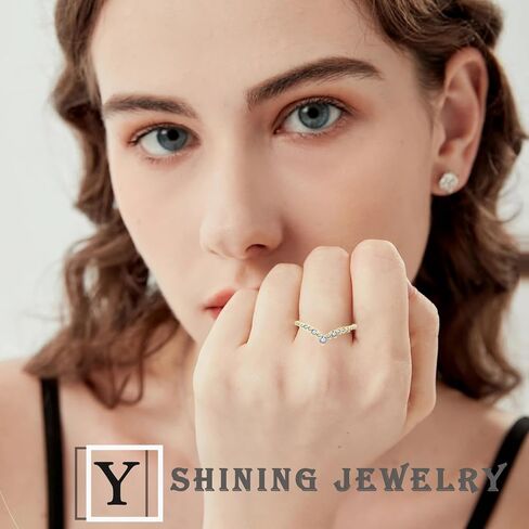 Wedding Band for Women 925 Sterling Silver White & Yellow Gold Ring V Shape Engagement Stackable Ring Half Eternity Round Cut CZ Jewelry for Her Size 5-10 in Kuwait