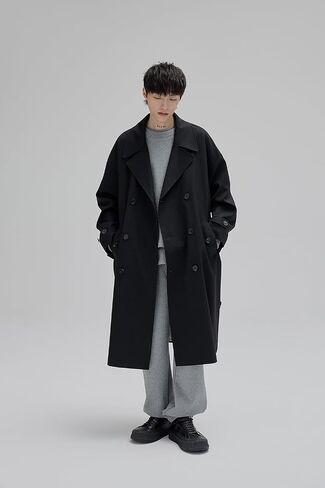 Mens Oversized Long Trench Coat Double Breasted Lapel Windproof Overcoat With Belt in Saudi Arabia