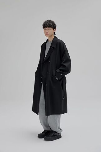 Mens Oversized Long Trench Coat Double Breasted Lapel Windproof Overcoat With Belt in Saudi Arabia