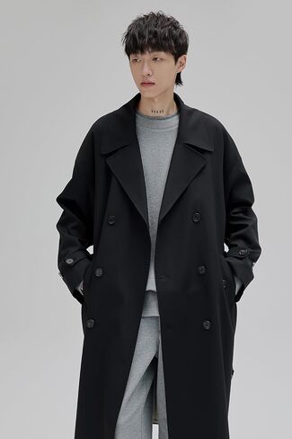 Mens Oversized Long Trench Coat Double Breasted Lapel Windproof Overcoat With Belt in Saudi Arabia