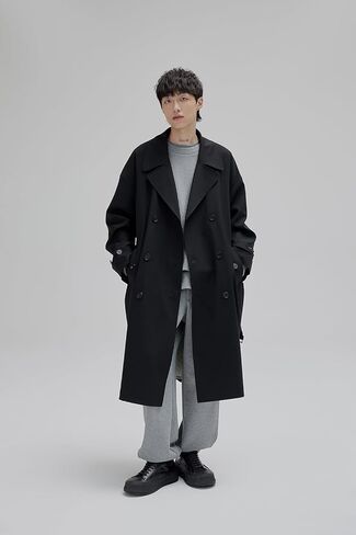 Mens Oversized Long Trench Coat Double Breasted Lapel Windproof Overcoat With Belt in Saudi Arabia