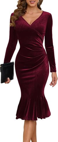 Women Long-Sleeve Velvet Dress:V-Neck Bodycon Velvet Midi Dress-Formal Velvet Wedding Guest Dress with Ruffle Hem in Saudi Arabia
