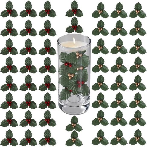 52 قطعة من أوراق هولي الصغيرة مع التوت، 3.15 بوصة من أوراق هولي عيد الميلاد والتوت للحرف اليدوية، حشو إكليل عيد الميلاد أوراق التوت الصغيرة الثلاثية للشمعة العائمة (أحمر، ذهبي) in Kuwait
