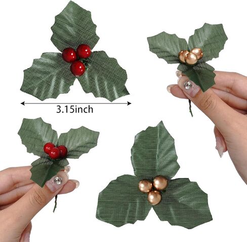 52 قطعة من أوراق هولي الصغيرة مع التوت، 3.15 بوصة من أوراق هولي عيد الميلاد والتوت للحرف اليدوية، حشو إكليل عيد الميلاد أوراق التوت الصغيرة الثلاثية للشمعة العائمة (أحمر، ذهبي) in Kuwait