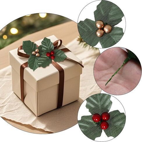 52 قطعة من أوراق هولي الصغيرة مع التوت، 3.15 بوصة من أوراق هولي عيد الميلاد والتوت للحرف اليدوية، حشو إكليل عيد الميلاد أوراق التوت الصغيرة الثلاثية للشمعة العائمة (أحمر، ذهبي) in Kuwait