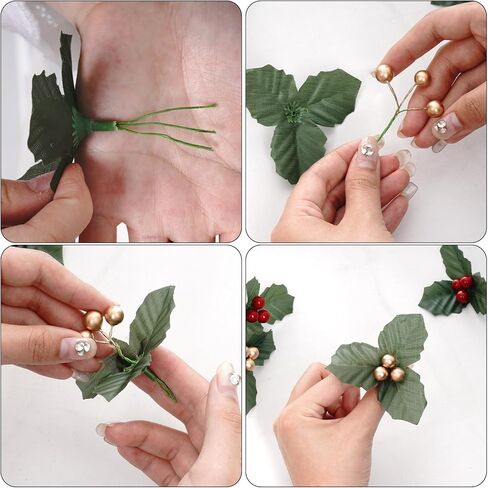 52 قطعة من أوراق هولي الصغيرة مع التوت، 3.15 بوصة من أوراق هولي عيد الميلاد والتوت للحرف اليدوية، حشو إكليل عيد الميلاد أوراق التوت الصغيرة الثلاثية للشمعة العائمة (أحمر، ذهبي) in Kuwait