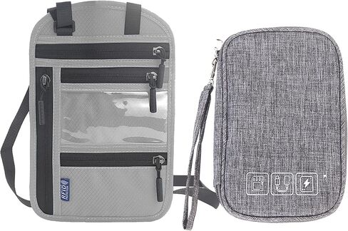 KAKKOII Travel Neck Wallet with RFID Blocking, Passport Holder for Family, Travel Neck Pouch Passport Holder, Travel Cable Organizer, Accessories Case Set for Cash, Credit Cards, Power Bank(Grey) in Saudi Arabia