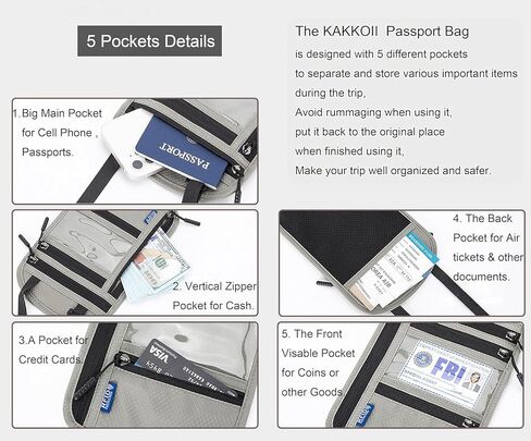 KAKKOII Travel Neck Wallet with RFID Blocking, Passport Holder for Family, Travel Neck Pouch Passport Holder, Travel Cable Organizer, Accessories Case Set for Cash, Credit Cards, Power Bank(Grey) in Saudi Arabia