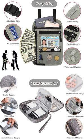 KAKKOII Travel Neck Wallet with RFID Blocking, Passport Holder for Family, Travel Neck Pouch Passport Holder, Travel Cable Organizer, Accessories Case Set for Cash, Credit Cards, Power Bank(Grey) in Saudi Arabia