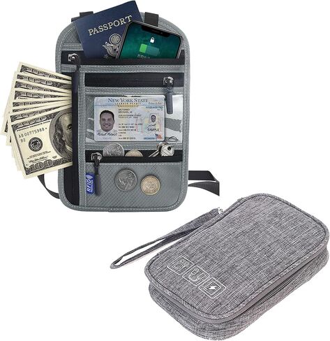 KAKKOII Travel Neck Wallet with RFID Blocking, Passport Holder for Family, Travel Neck Pouch Passport Holder, Travel Cable Organizer, Accessories Case Set for Cash, Credit Cards, Power Bank(Grey) in Saudi Arabia