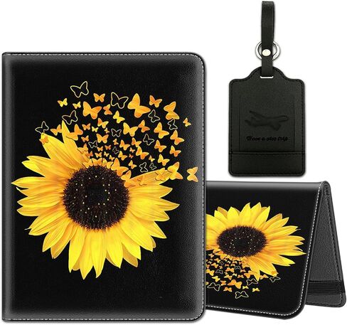 Passport Holder for Travel with Luggage Tag, PU Leather Passport Wallet with RFID Blocking for Women Men, Multi Card Slot Passport Cover Case, Sunflowers and Butterflies in Bloom in Kuwait