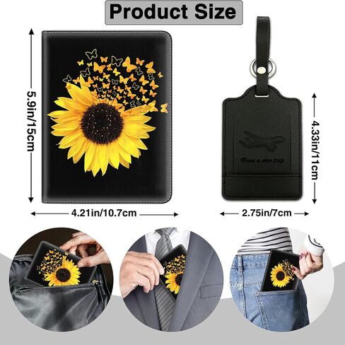Passport Holder for Travel with Luggage Tag, PU Leather Passport Wallet with RFID Blocking for Women Men, Multi Card Slot Passport Cover Case, Sunflowers and Butterflies in Bloom in Kuwait
