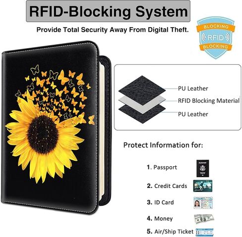 Passport Holder for Travel with Luggage Tag, PU Leather Passport Wallet with RFID Blocking for Women Men, Multi Card Slot Passport Cover Case, Sunflowers and Butterflies in Bloom in Kuwait