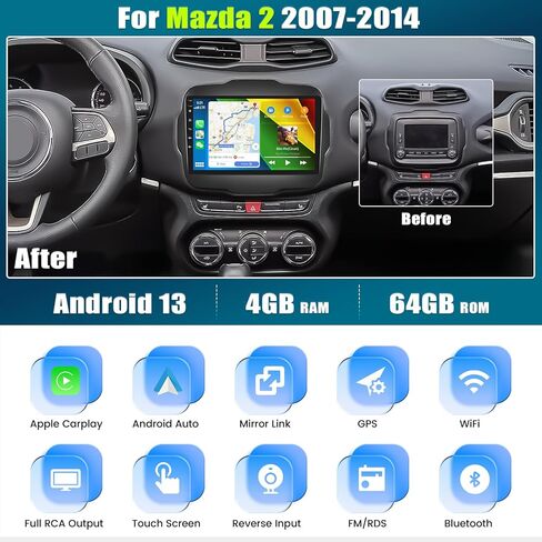 ستيريو سيارة 2+32G Android 11 لسيارة Jeep Renegade 2016-2020 مع Apple Carplay Android Auto، وراديو سيارة بشاشة لمس عالية الدقة مقاس 9 بوصات مع WiFi، ونظام تحديد المواقع العالمي (GPS)، وبلوتوث، وراديو FM/RDS، وSWC، وDaul USB، وكاميرا خلفية HiFi+AHD in Kuwait