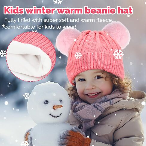Yseoul Kids Winter Beanie Hat, Toddler Warm Fleece Lined Knit Thick Beanies Cap with Double Pom Pom for Boys Girls in Saudi Arabia