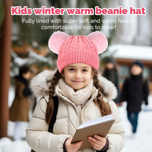 Yseoul Kids Winter Beanie Hat, Toddler Warm Fleece Lined Knit Thick Beanies Cap with Double Pom Pom for Boys Girls in Saudi Arabia