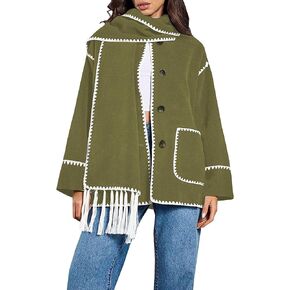 سترة وشاح مطرزة للنساء من Angashion - معطف شتوي كاجوال بأكمام طويلة وأزرار سفلية كبيرة الحجم مع وشاح شرابة in Kuwait