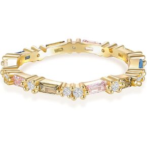 Rainbow Eternity Ring for Women Dainty Colorful Baguette Cut Cubic Zirconia CZ Stackable Wedding Band Promise Engagement Rings for Her Size 5-10