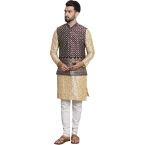 Sojanya (Since 1958 Men's Silk Blend Print Kurta and pyjama With Nehrujacket