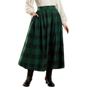 Scarlet Darkness Plaid Skirts for Women High Waist Long Skirt with Pockets