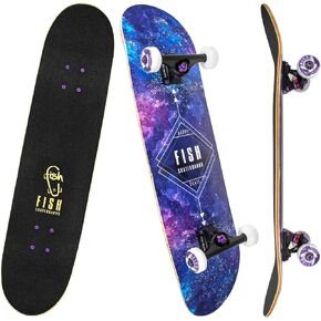 لوح تزلج قياسي من FISH SKATEBOARDS، لوح تزلج كامل مقاس 31 بوصة × 8 بوصة، ألواح تزلج مكونة من 7 طبقات من خشب القيقب الكندي ذو سطح مزدوج مقعر للأطفال والأولاد والبنات والشباب المبتدئين. in Kuwait