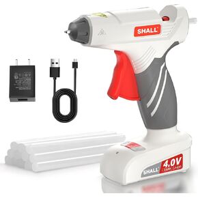 SHALL 4V Cordless Hot Glue Gun Kit, 15s Fast Preheating Wireless Glue Gun with 12Pcs Mini Glue Sticks, 2Ah Rechargeable Battery & Fast Charger, Smart Power-Off Hot Melt Glue Gun for Craft, DIY - White