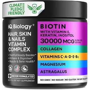 IQ BIOLOGY Biotin Collagen Keratin Magnesium Ashwagandha Vitamin D3 Vitamin C Vitamin E Vitamin B12 Probiotic Zinc Hyaluronic Acid Quercetin Turmeric Resveratrol Iodine Pumpkin Seed Oil - 60 Caps