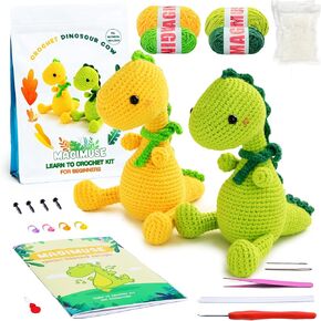 MAGIMUSE Crochet Kit for Beginners, Christmas Crochet Starter Kits for Adults and Kids Amigurumi Craft Knitting Crochet Animals Kits with Step-by-Step Video Tutorials, 2 Pack Dinosaur (40%+ Yarn)