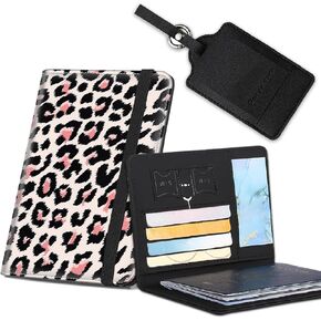 Passport Cover for Women & Men with RFID Blocking, Waterproof Passport Wallet and Luggage Tag Set，PU Leather Travel Documents Organizer, Passport Holder with Card Slot，Leopard Pattern