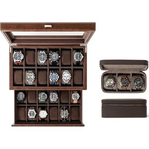 TAWBURY GIFT SET | Bayswater 24 Slot Watch Box with Drawer (Brown) and Fraser 3 Watch Travel Case (Brown)