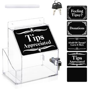 Tip Jar with Lock and Key Acrylic Tip Box with 5 PVC Cards and 1 Erasable Marker Wall Mountable Suggestion Donation Box for Fundraising Tip Box for Bartender Restaurant