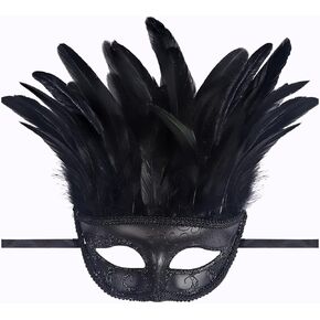 L'VOW Gothic Feather Masquerade Mask Half Face Roman Black Venetian Mask Costume Halloween Accessories