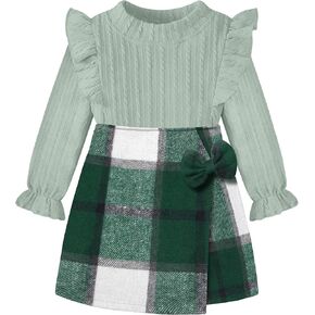 ملابس الفتيات الصغيرات، ملابس أطفال مكونة من قطعتين، تنورة قصيرة منقوشة بأكمام مكشكشة، مجموعة ملابس خريف وشتاء 3-7T in Kuwait