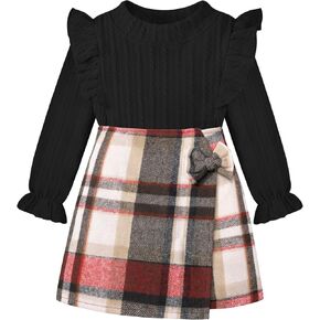 Toddler Girl Clothes, Kids Clothes 2 Piece Ruffle Sleeve Tops Mini Plaid Skirt Skort Fall Winter Outfits Set 3-7T