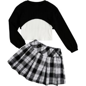 MakeMeChic Girl's 3 Piece Outfits Long Sleeve Crop Tops Ribbed Tank Top and Plaid Pleated Skirts Set