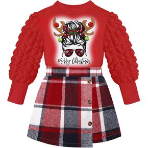Toddler Girl Clothes,Girls Outfits Turtleneck Puff Sleeve Tops + Plaid Mini Skirt 2Pcs Fall Winter Kids Clothes Girls