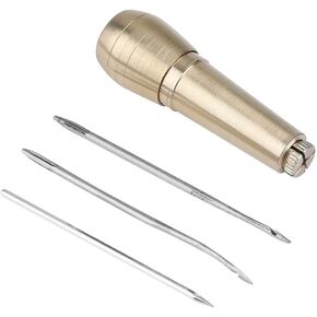 3 Needles Vintage Handle Sewing Awl with Crochet Hand Stitcher Shoe Repair Tool for Leather Bag Heavy Fabric