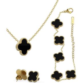 3 PCS Lucky Clover Necklace Set, 18K-Gold Plated Trendy Lucky Clover Bracelet, Necklace, Earrings Jewelry Set,Gifts for Mom, Wife, Daughter，Friends, Black