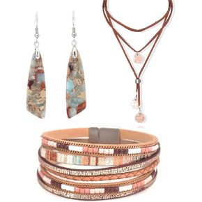 3 Pcs Western Jewelry Set for Women Boho Vintage Choker Necklace Earrings Faux Leather Bracelet