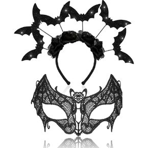WILLBOND 2 Pieces Halloween Black Bat Headband Costume Accessory Women Masquerade Lace Eye Mask Bat Hair Hoop Veil Queen Eye Mask for Halloween Mardi Gras Cosplay Party Carnival Theme Party