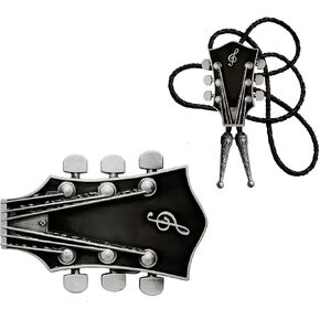 Moranse Western Cowboy Belt Buckles & Bolo Tie With Music Lover Guitarist Design 2 Pieces